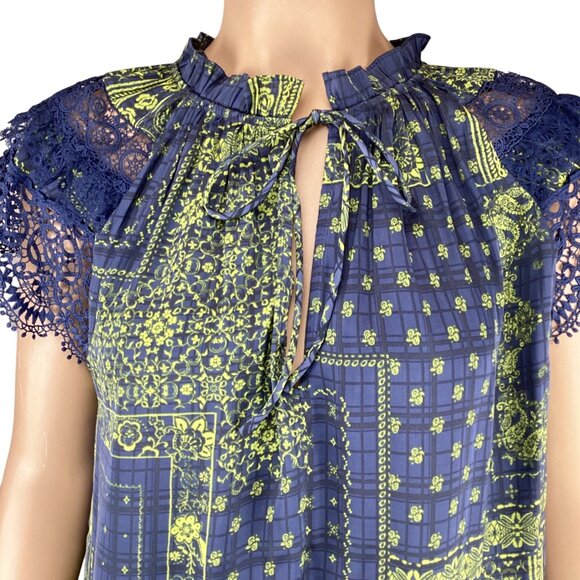 Current Air Anthropologie Top Size XS XSmall Bandana Print Blue Green Lace Sleev - Picture 3 of 10